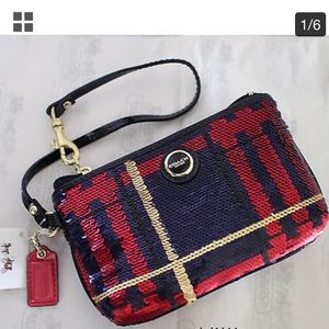 NEW COACH tartan plaid sequin wristlet